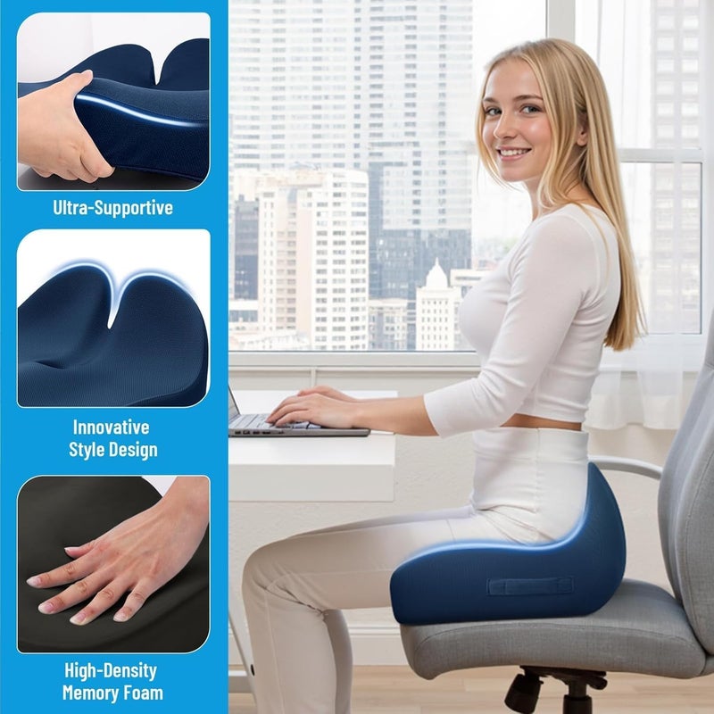 CushZone Seat Cushion, Memory Foam Office Chair Cushions, Ergonomic Curved Design for Sciatica, Tailbone, Coccyx, Seat Support for Car, Desk Chair, Wheelchair, Enhances Long Sitting Comfort (Blue) - Image 4
